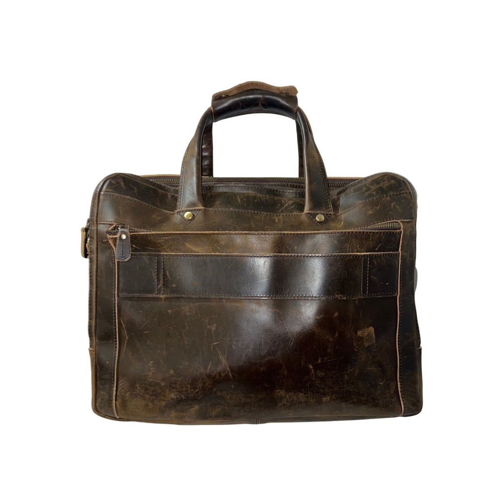 Distressed Dark Brown Leather Briefcase Multi-Pocket Laptop Travel Bag Mens